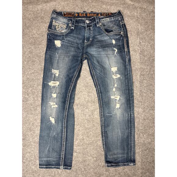 Rock Revival Penn Rlxd St 17 Mens Jeans Size 36 Heavy Embroidered Distressed